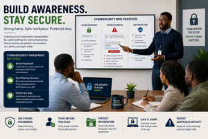 Employees participating in a workplace cybersecurity awareness training session while reviewing secure password practices, phishing examples, and data protection guidelines."