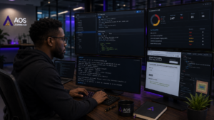 An ethical hacker analyzing a web application's security on multiple monitors showing source code, vulnerability scans, browser testing tools, and cybersecurity dashboards."